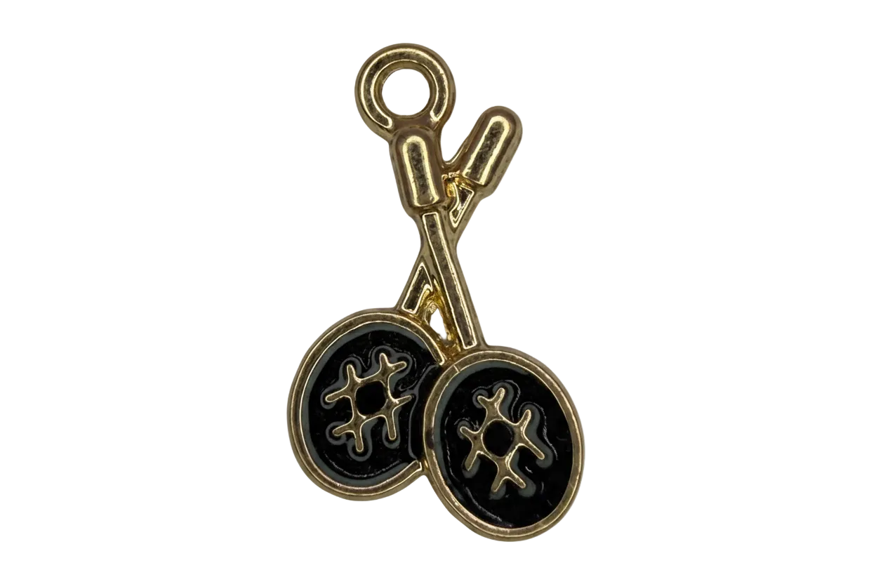 Gold binoculars charm with glossy black enamel lenses and openwork detailing