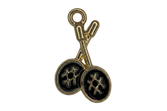 Gold binoculars charm with glossy black enamel lenses and openwork detailing