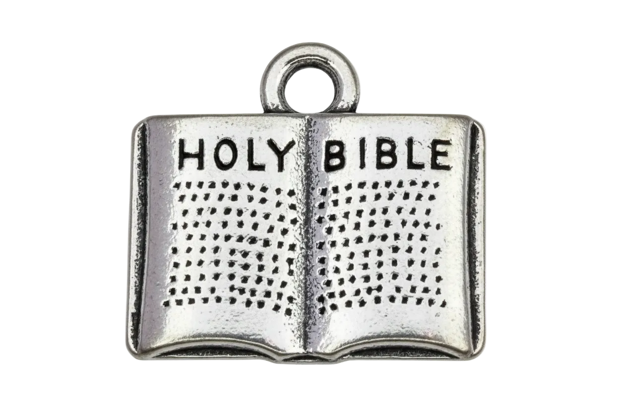 Silver open book charm with textured pages and raised "HOLY BIBLE" lettering