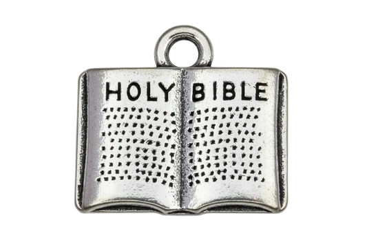 Silver open book charm with textured pages and raised "HOLY BIBLE" lettering