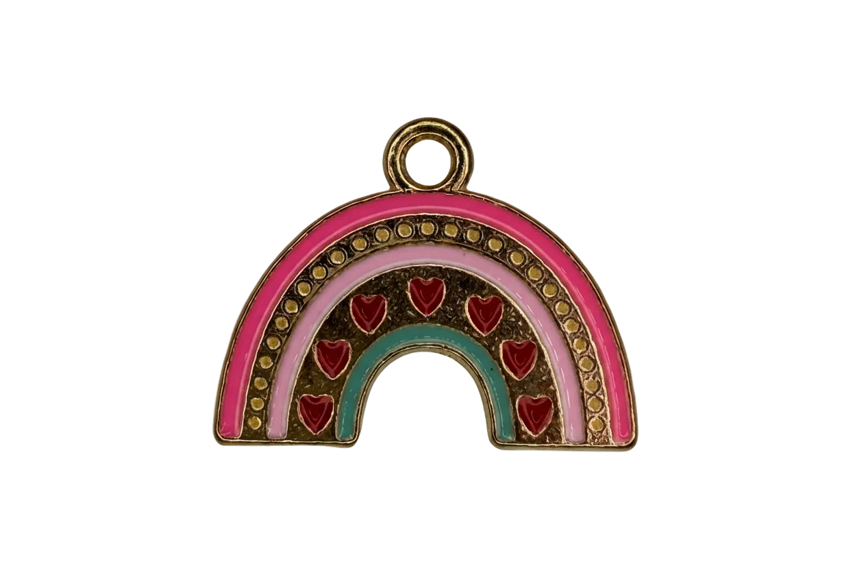 Gold rainbow arch charm with pink and teal enamel bands and red heart details