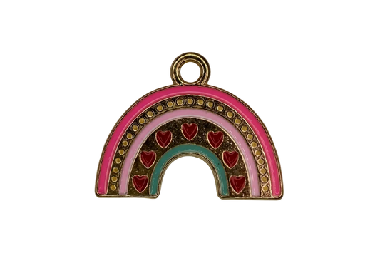 Gold rainbow arch charm with pink and teal enamel bands and red heart details