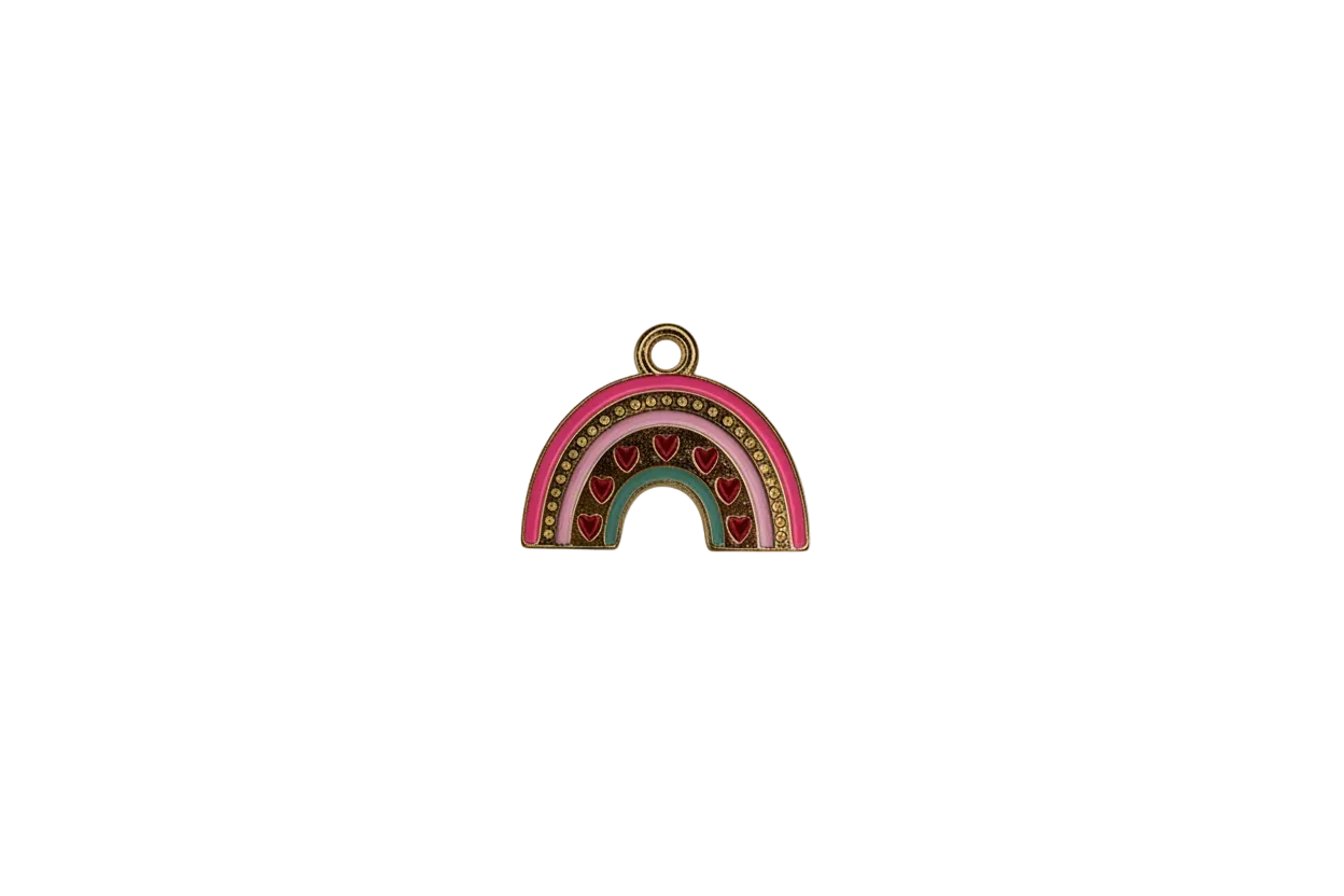 Gold rainbow arch with pink, teal enamel and red hearts