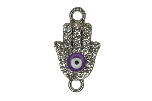 Silver hamsa hand with clear crystals and a purple evil-eye center