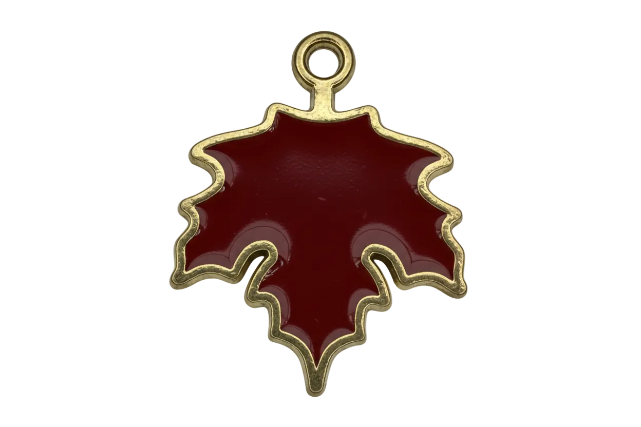 Burgundy red maple leaf charm with glossy enamel and gold outline