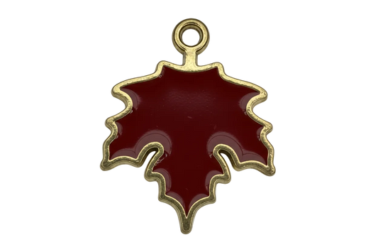Burgundy red maple leaf charm with glossy enamel and gold outline
