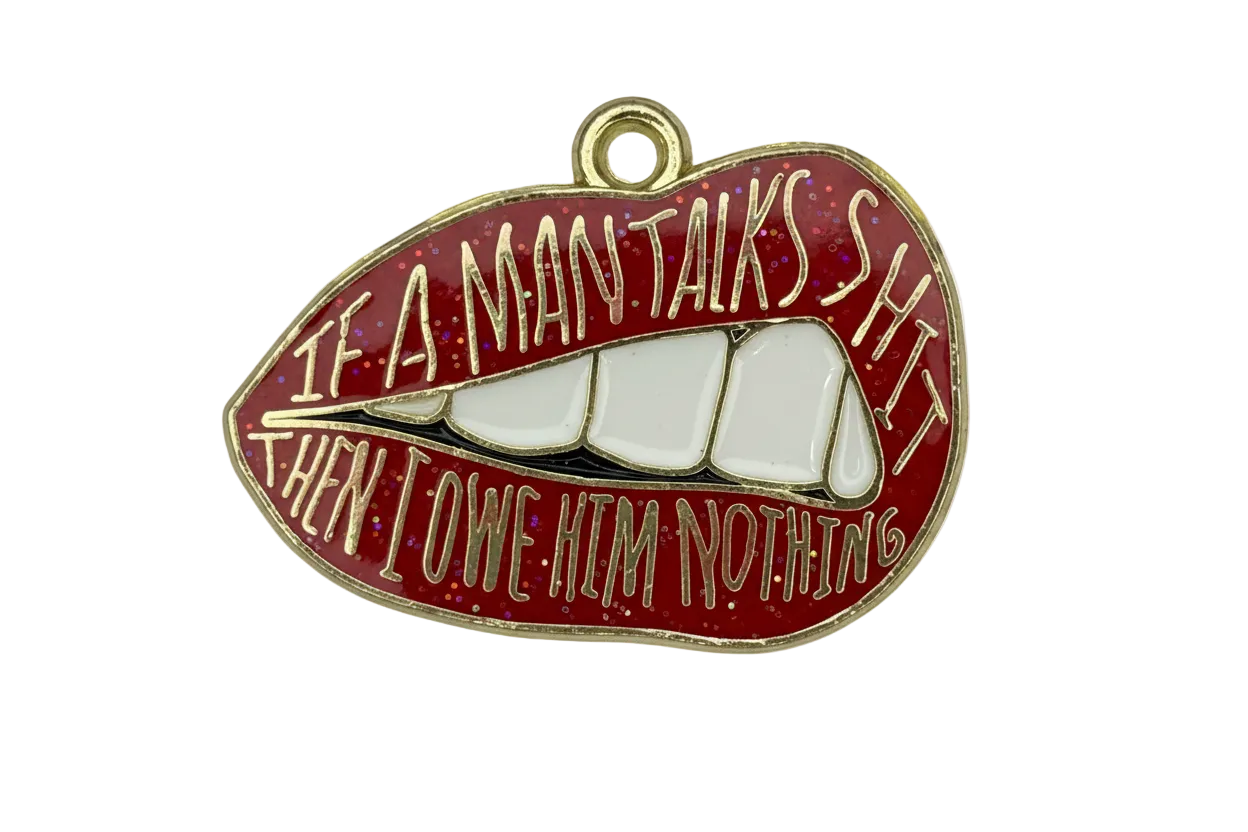 Glitter red lips plaque with white teeth, raised gold lettering, and gold outline