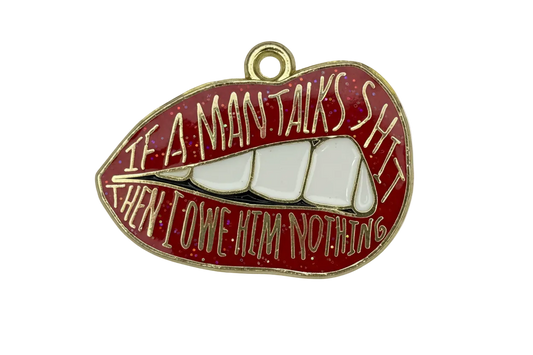 Glitter red lips plaque with white teeth, raised gold lettering, and gold outline