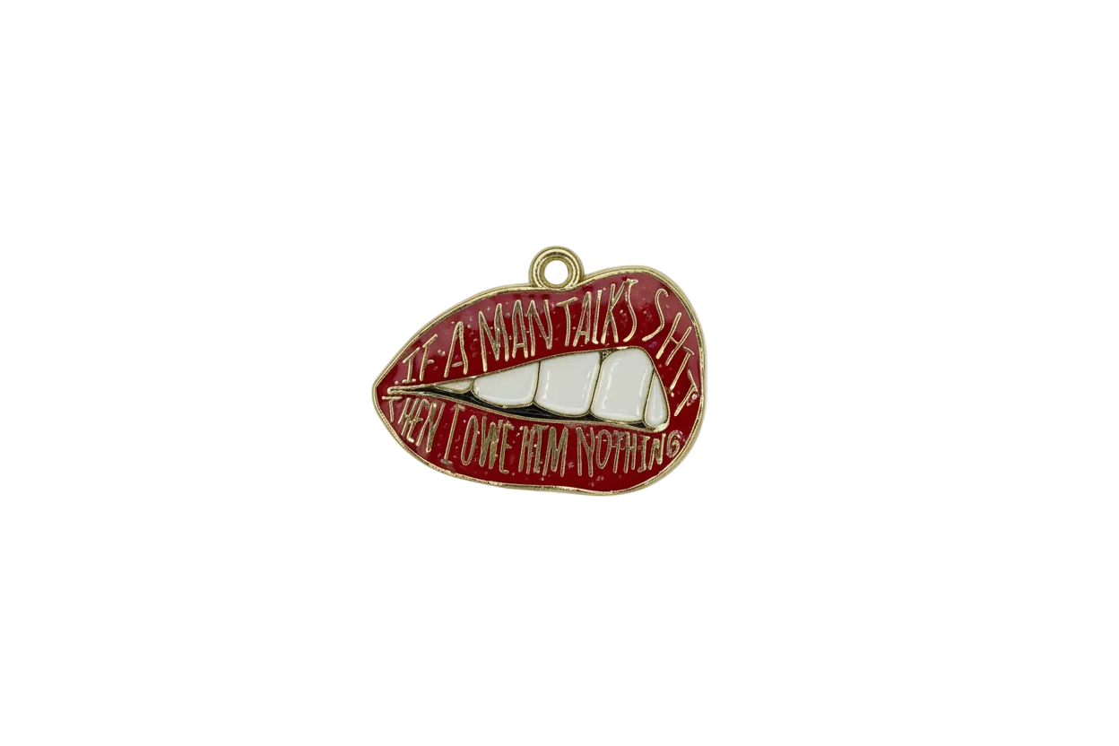 Glitter red lips with white teeth and raised gold lettering