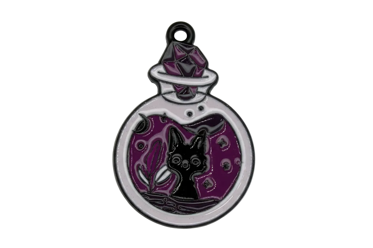 Silver-tone round potion bottle with purple enamel, black cat silhouette, and moon details