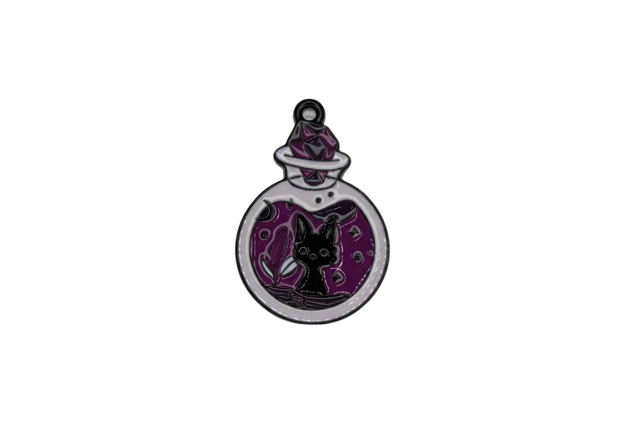 Purple potion bottle with black cat silhouette in silver-tone metal