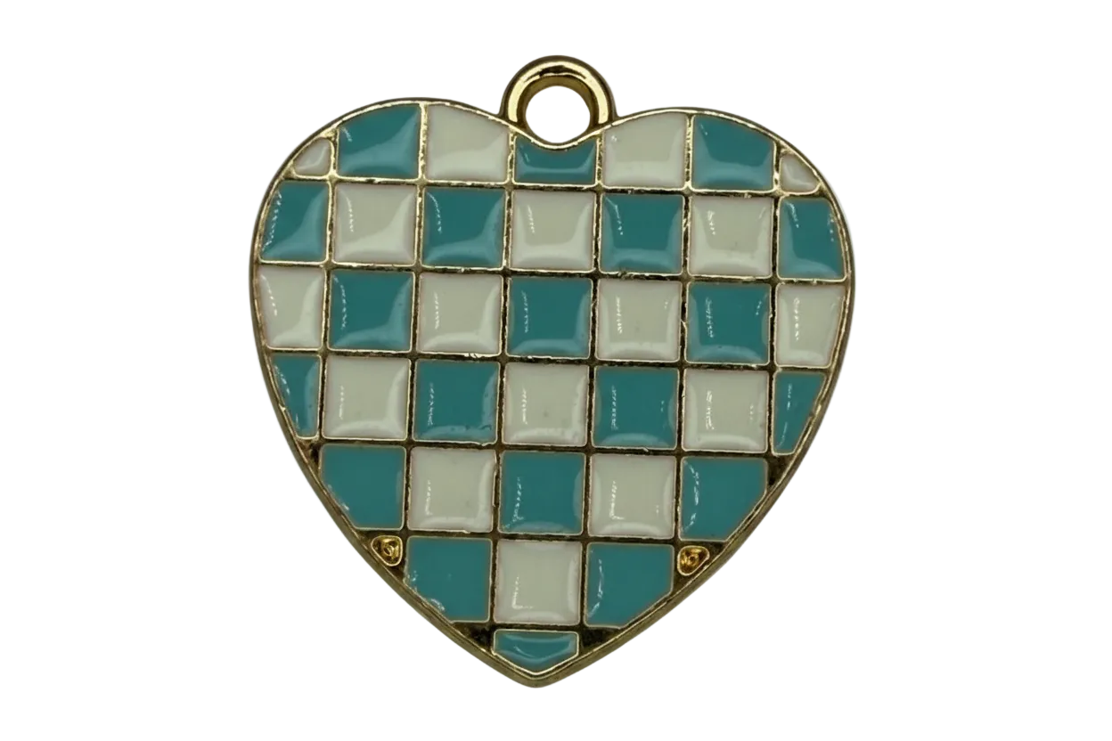 Gold heart charm with blue and white checkerboard enamel mosaic