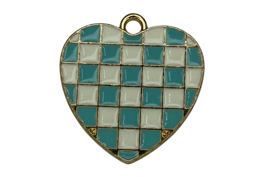Gold heart charm with blue and white checkerboard enamel mosaic