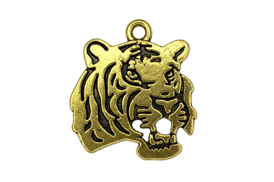 Antique gold tiger head pendant with blackened etched details