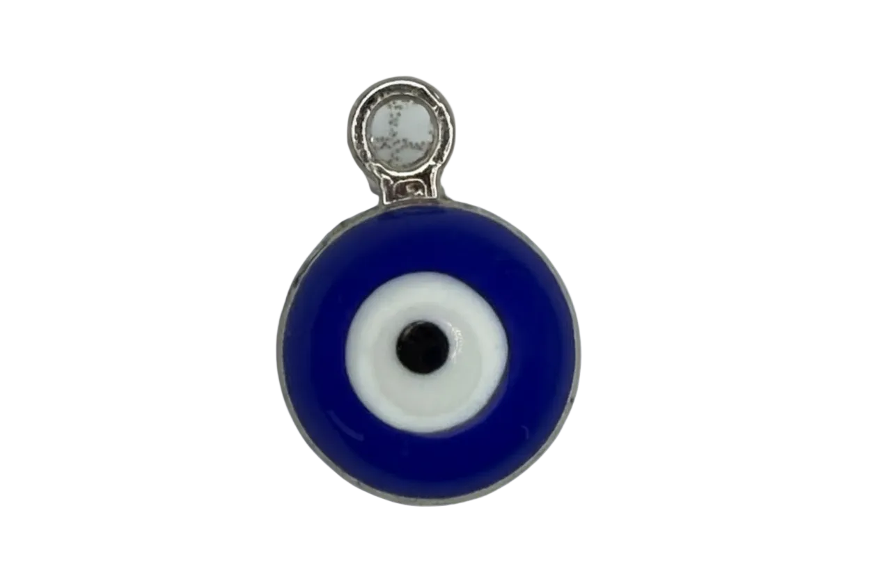 Cobalt blue evil eye disc with white ring and black center, silver-toned trim