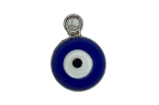Cobalt blue evil eye disc with white ring and black center, silver-toned trim