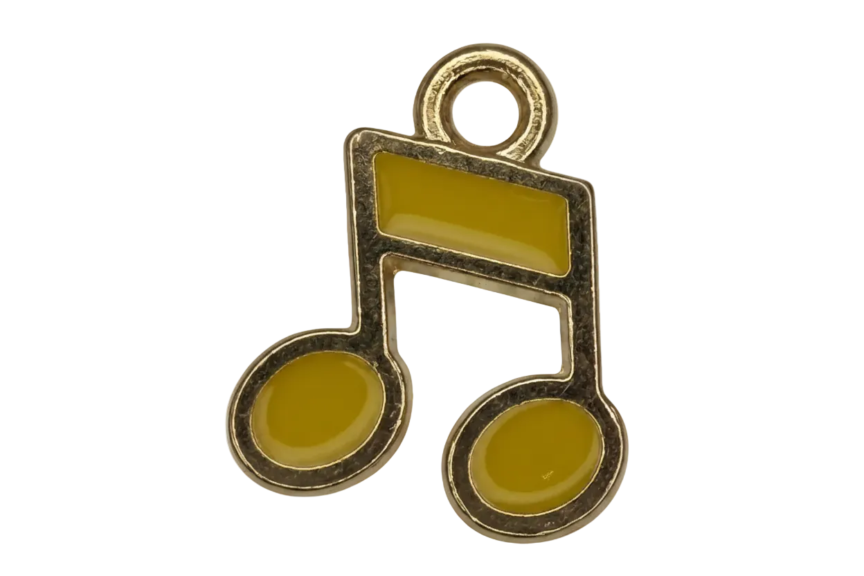 Gold-outlined musical note with glossy mustard-yellow enamel details
