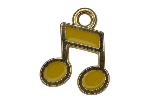 Gold-outlined musical note with glossy mustard-yellow enamel details