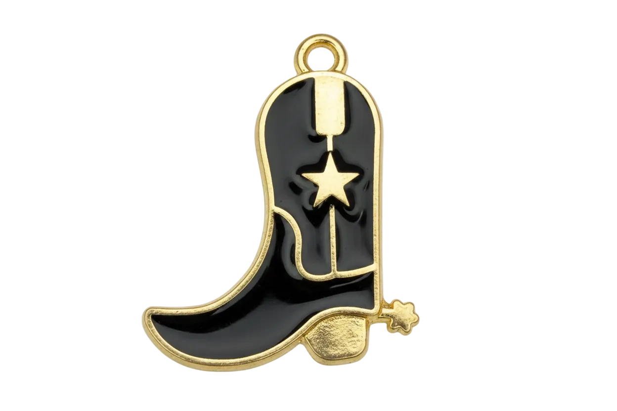 Black enamel cowboy boot charm with gold outline, cat silhouette, and star detail