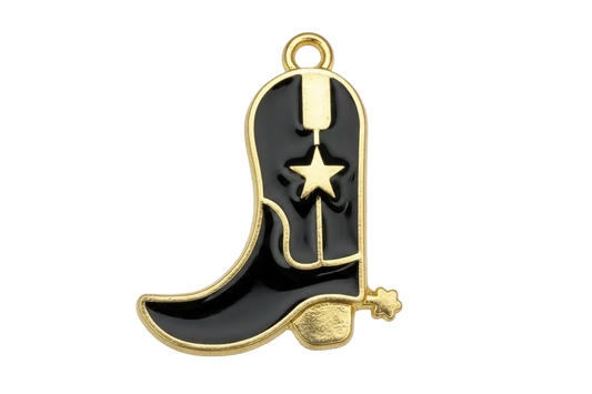 Black enamel cowboy boot charm with gold outline, cat silhouette, and star detail