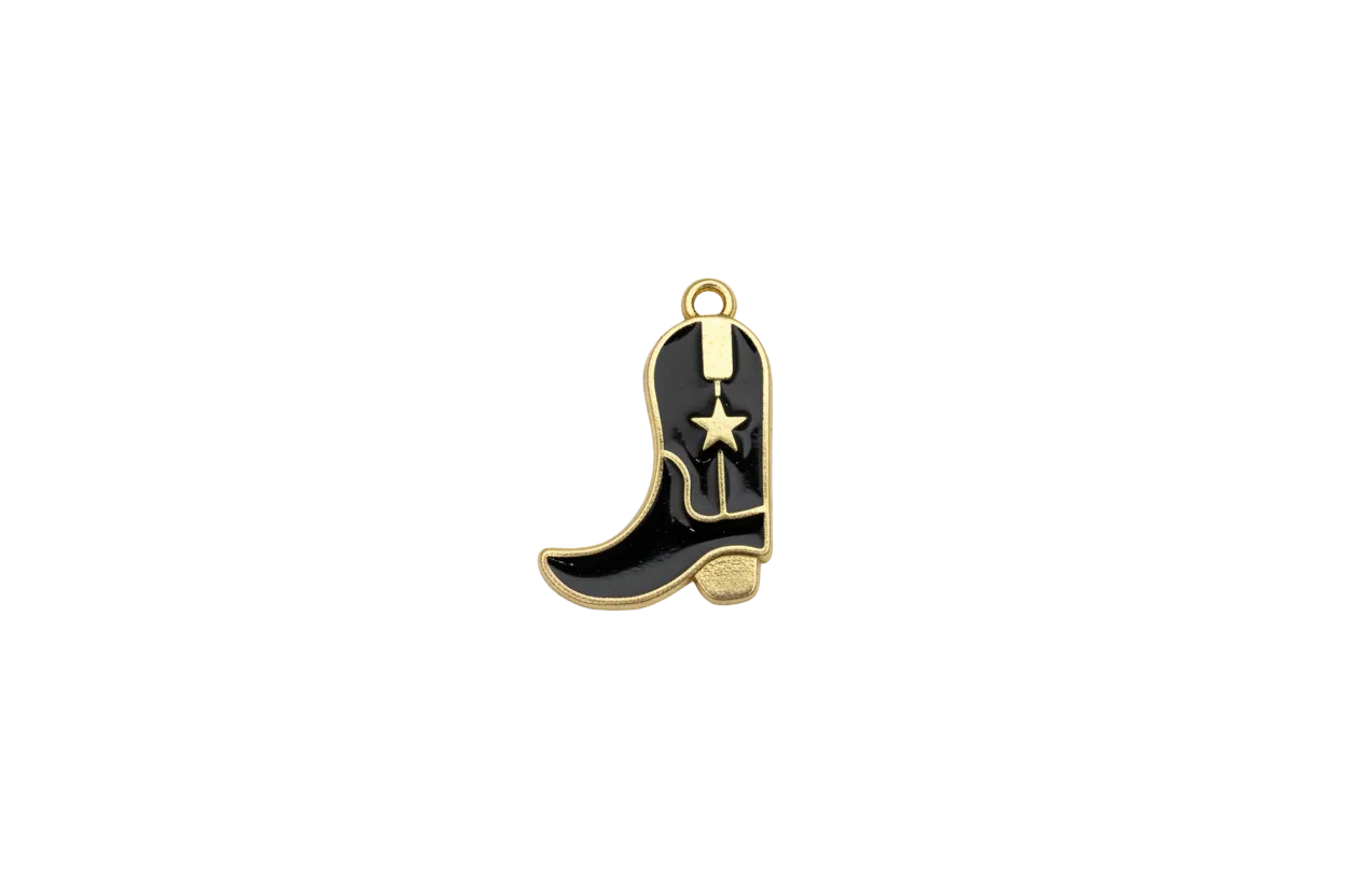 Black cowboy boot with gold outline, cat silhouette, and star