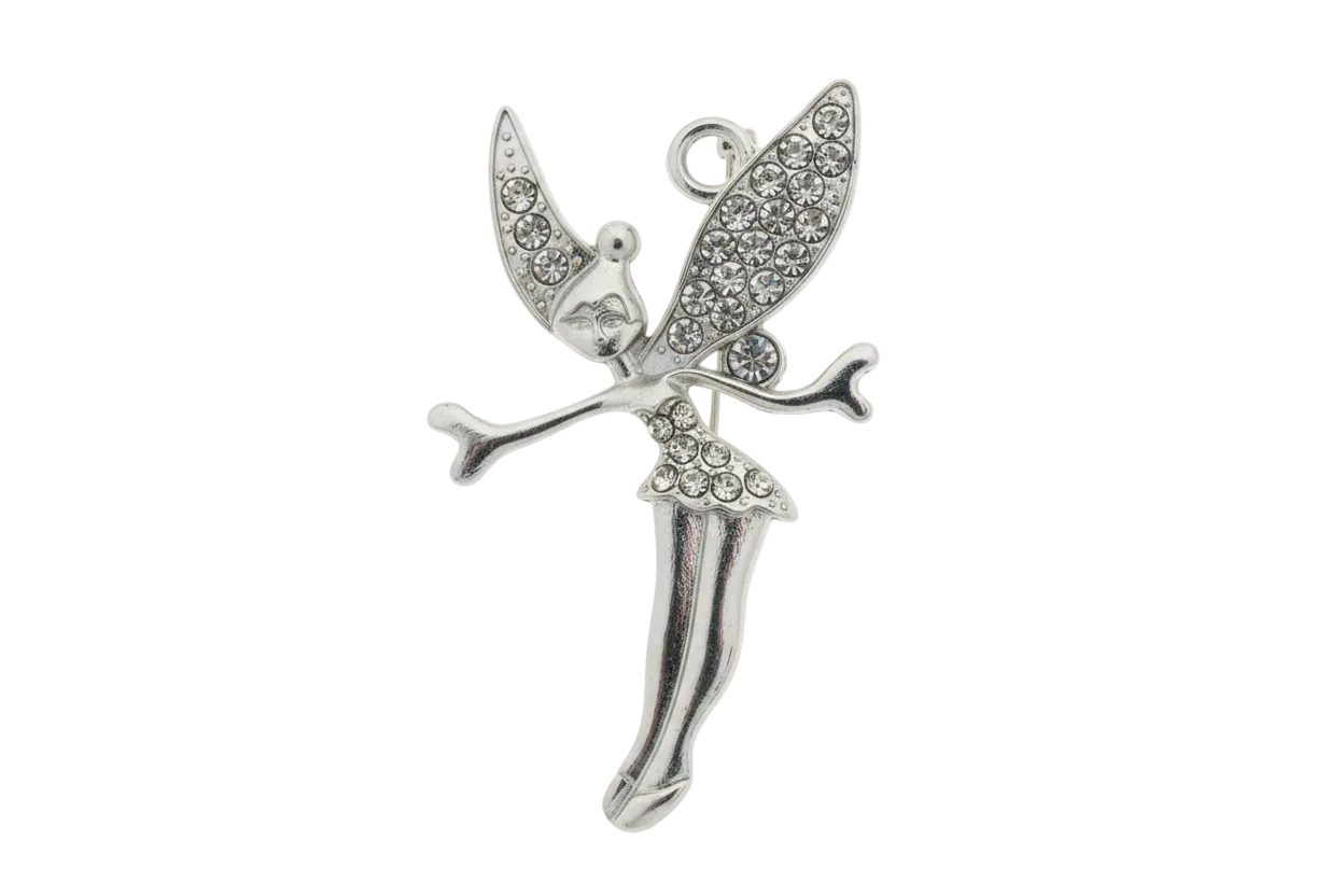 Silver fairy silhouette charm with clear crystal pavé wings and polished skirt