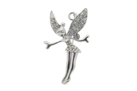Silver fairy silhouette charm with clear crystal pavé wings and polished skirt