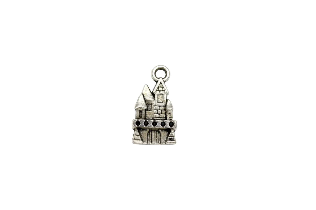 Antiqued silver castle silhouette with tower details