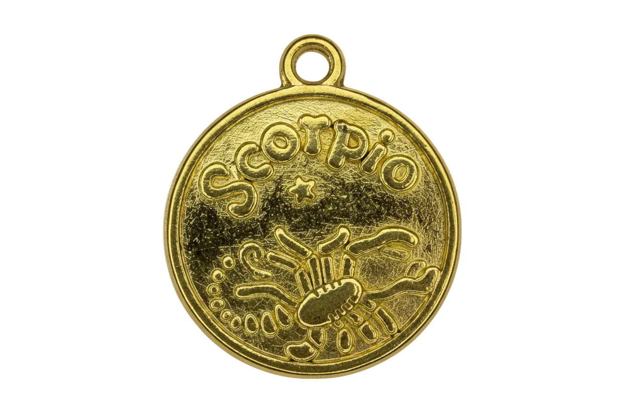 Round gold coin medallion with embossed scorpion and Scorpio lettering