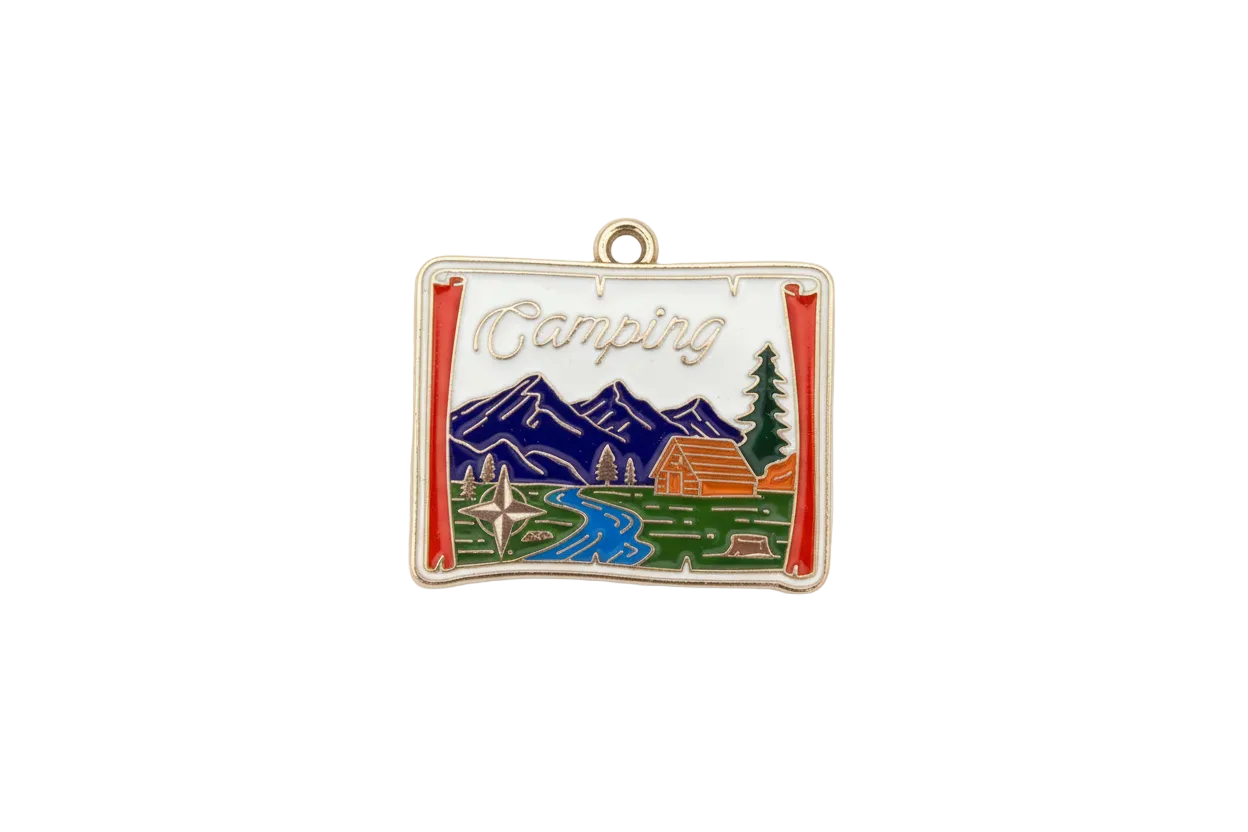 Enamel camping postcard pendant with mountains, river, and cabin