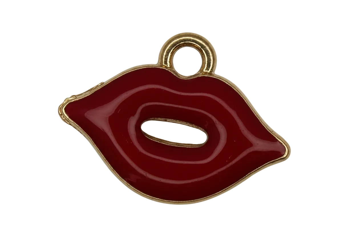 Glossy red lips enamel charm with gold outline on black background
