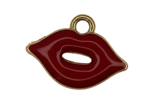 Glossy red lips enamel charm with gold outline on black background