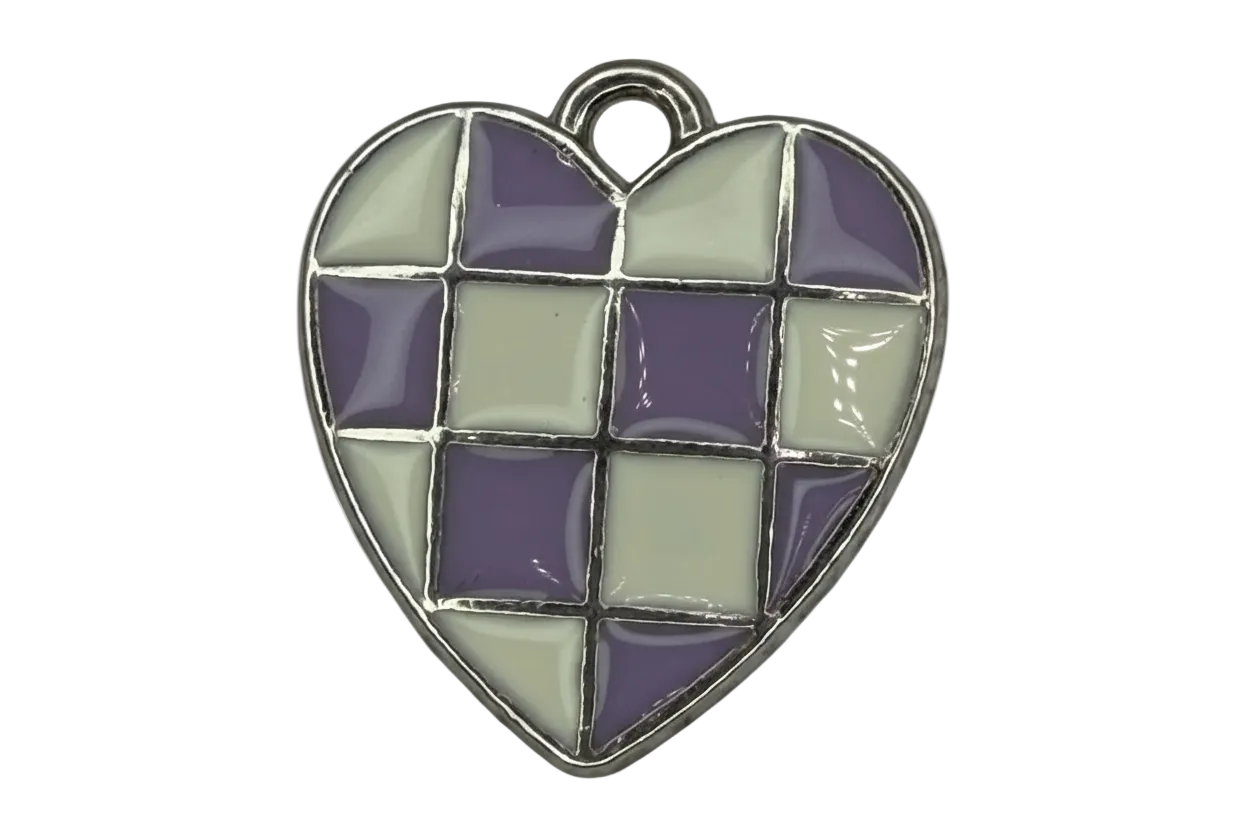 Purple and gray checkerboard heart charm with glossy enamel and silver-tone outline