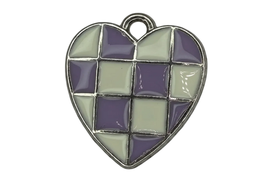 Purple and gray checkerboard heart charm with glossy enamel and silver-tone outline