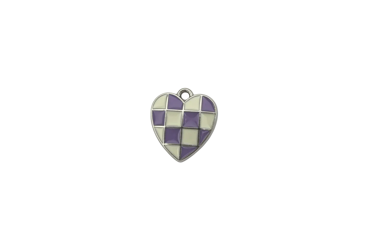 Purple and gray checkerboard heart with glossy enamel