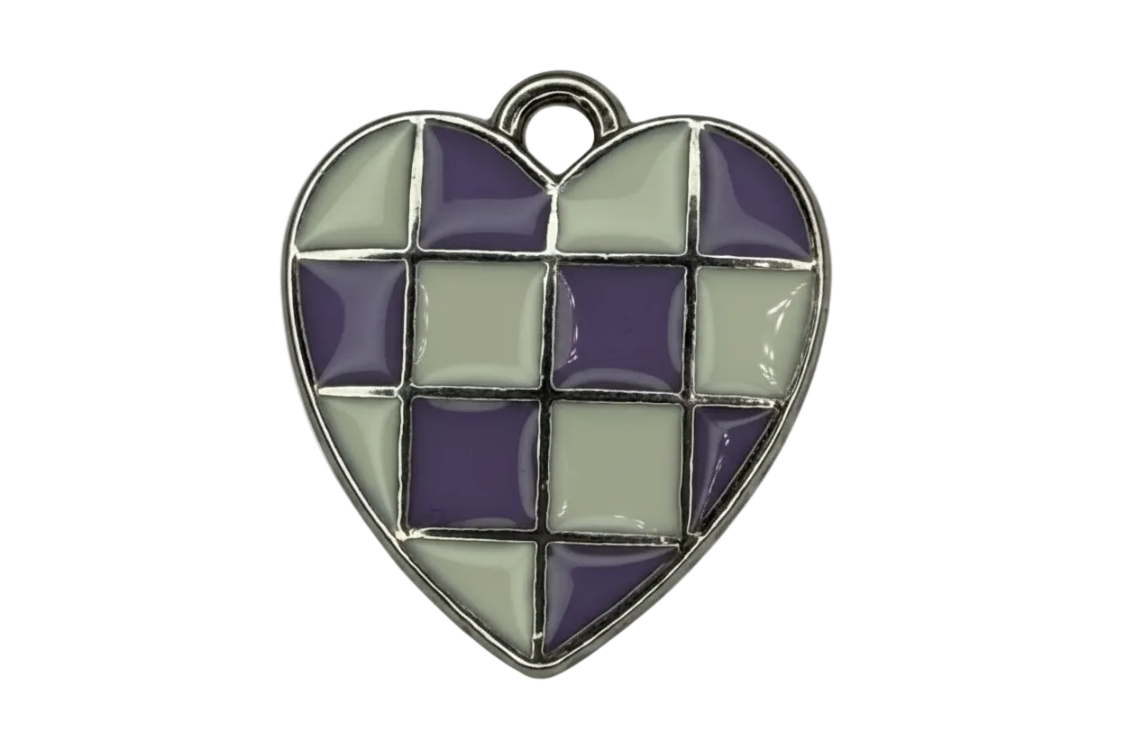 Purple and light gray checkered enamel heart with silver outline