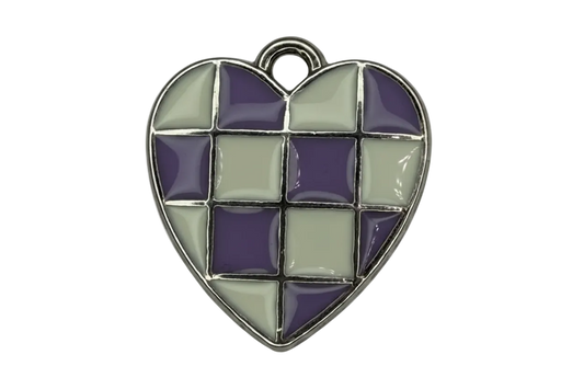 Purple and light gray checkered enamel heart with silver outline