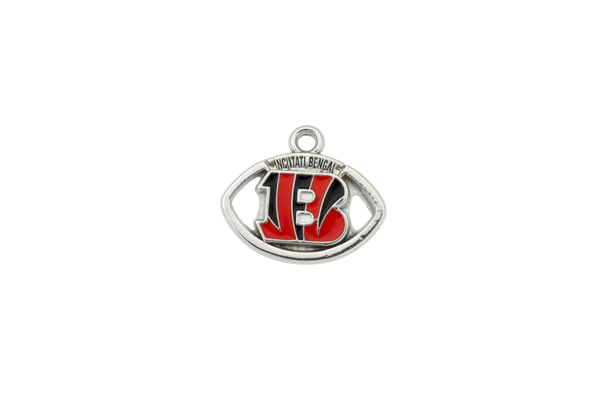 Silver football emblem with red letters and black enamel