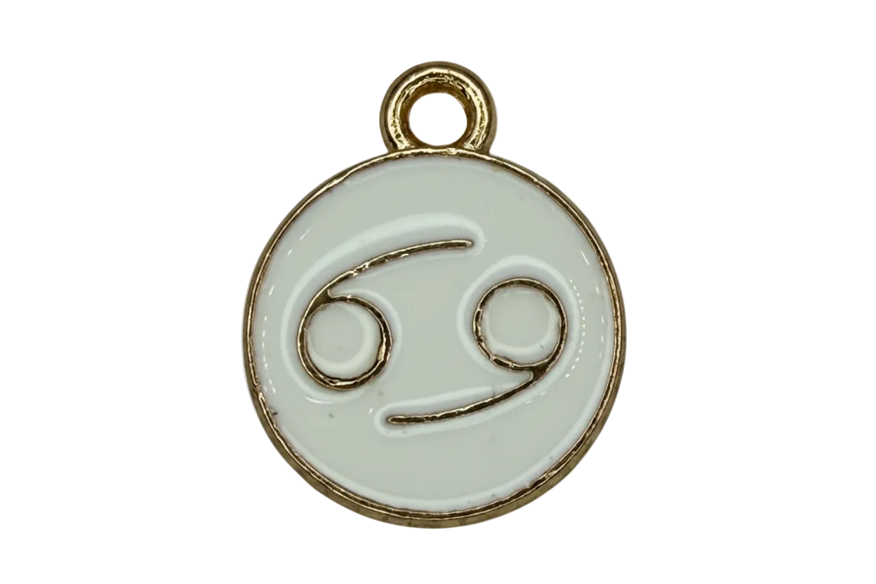 White round disc with gold Cancer zodiac symbol and gold rim