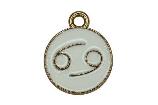 White round disc with gold Cancer zodiac symbol and gold rim