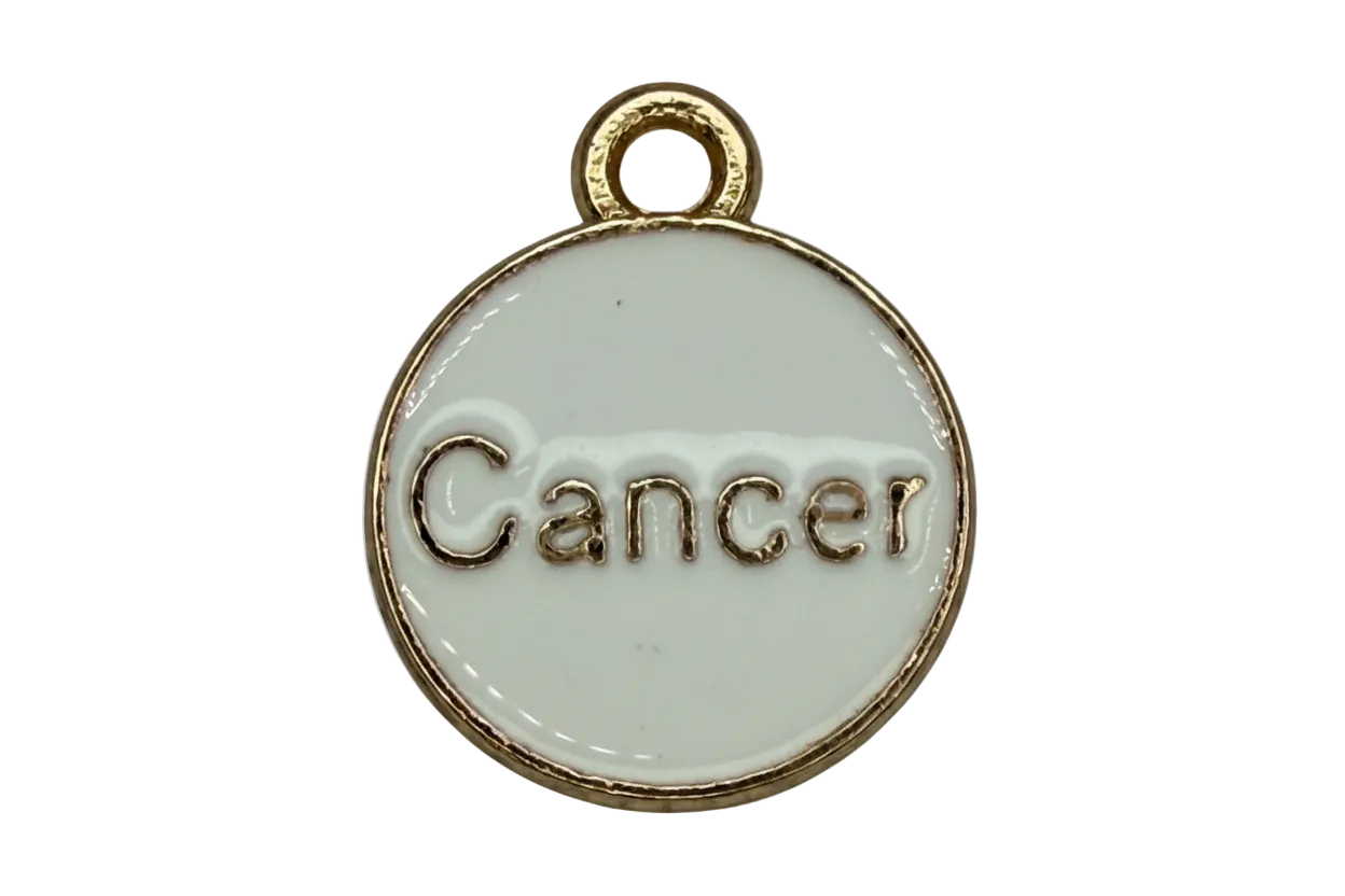 Round white enamel disc with raised gold Cancer lettering and gold rim