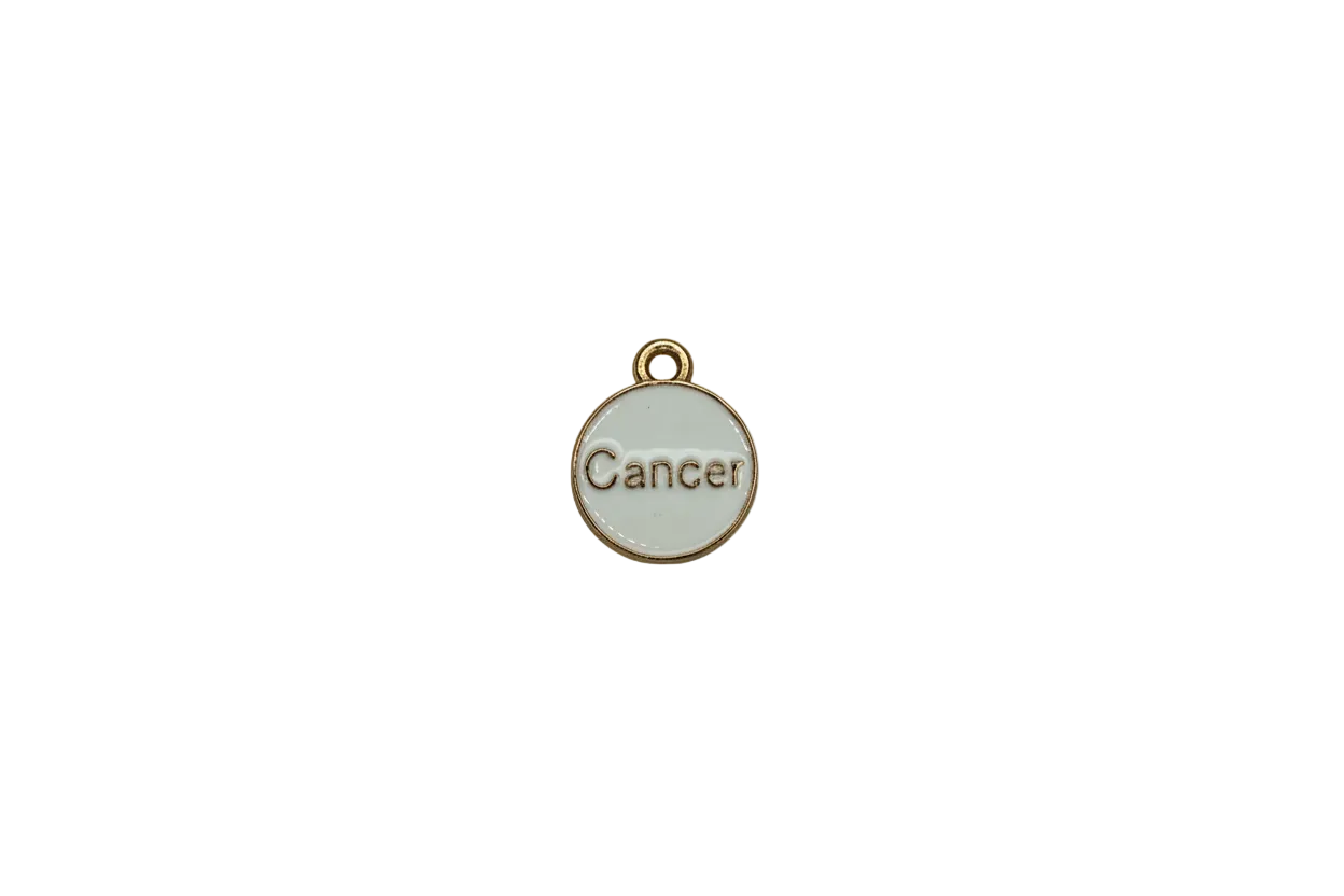 White enamel Cancer disc with raised gold lettering