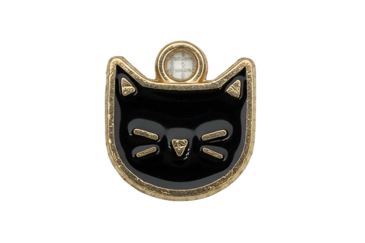 Glossy black cat face charm with gold outline and etched whisker details