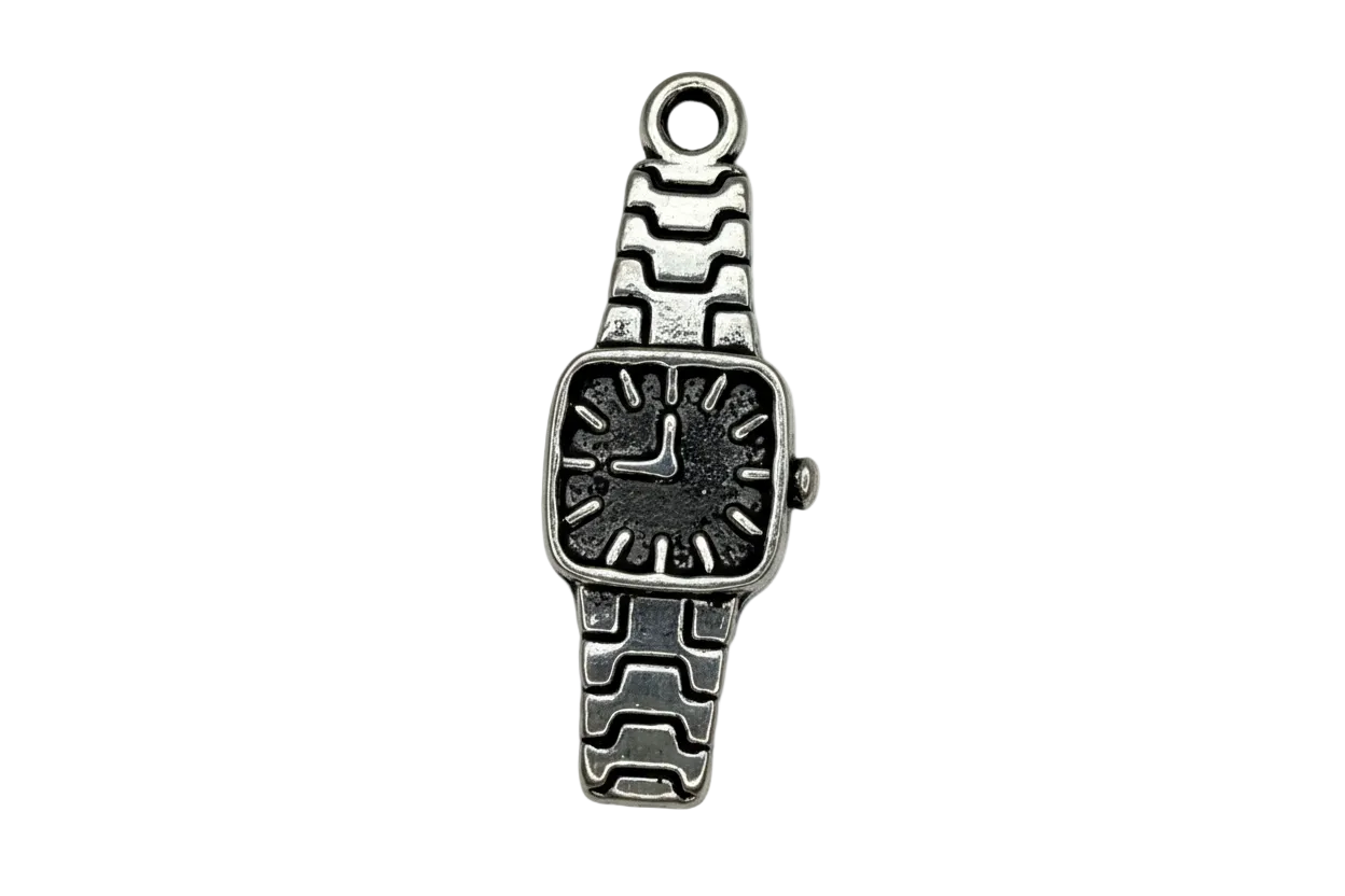 Mini square watch charm in oxidized silver-tone metal with black dial and raised hour markers