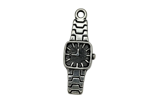 Mini square watch charm in oxidized silver-tone metal with black dial and raised hour markers