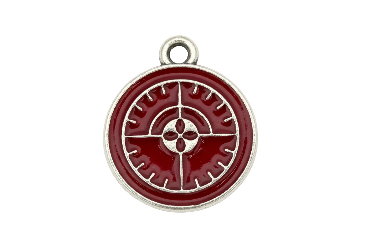 Crimson enamel compass medallion with antiqued silver outlining