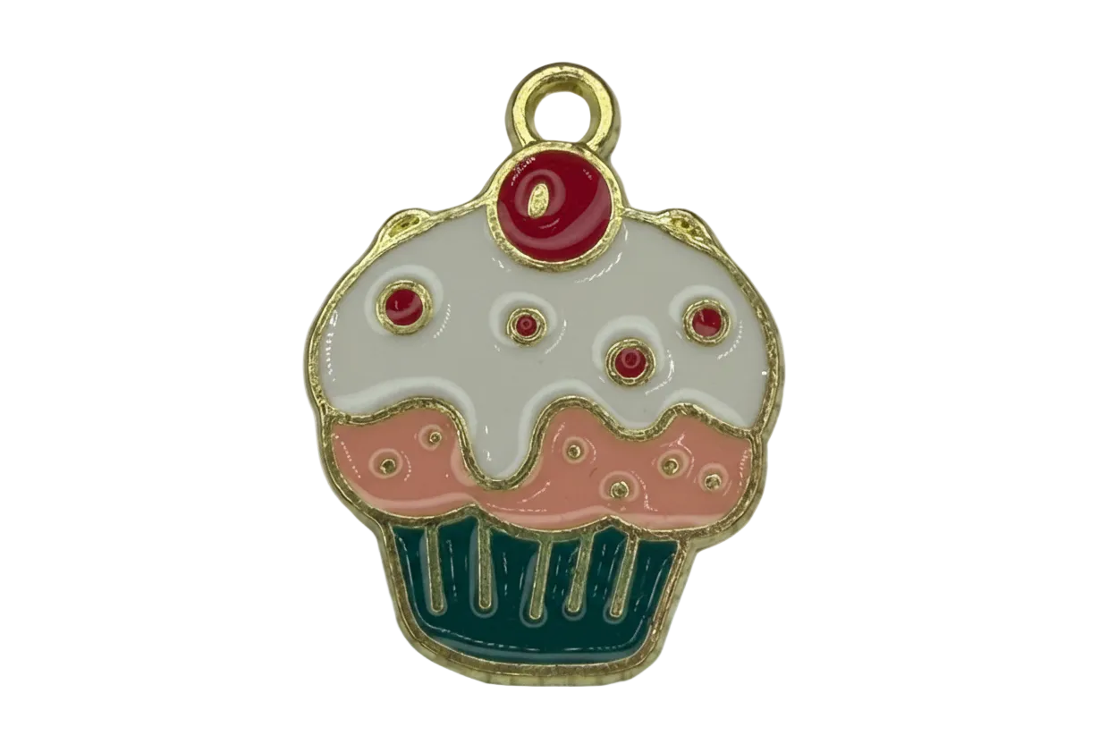 Gold-outlined cupcake charm with white icing, pink frosting, teal wrapper, and red cherry top