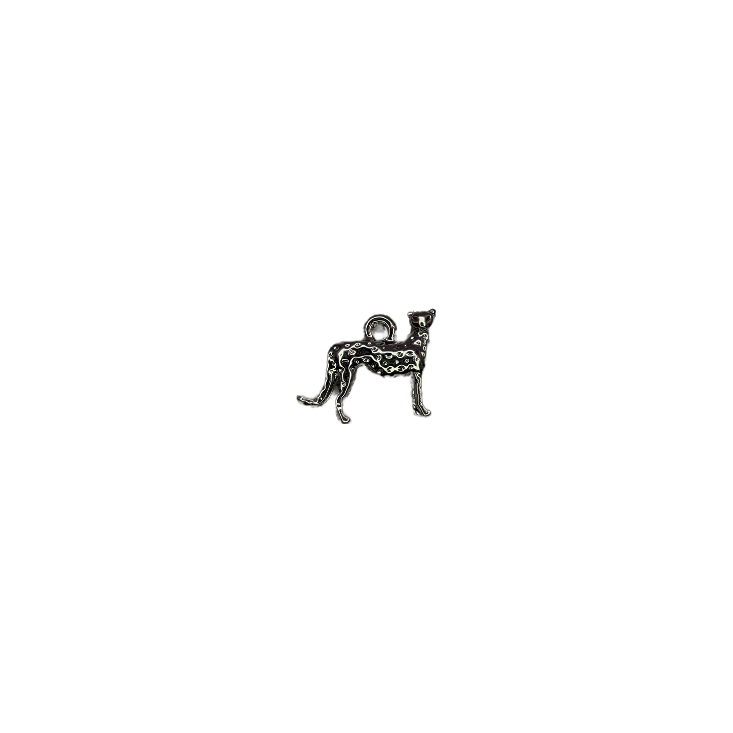 Black spotted leopard cat with silver outlining and red eye