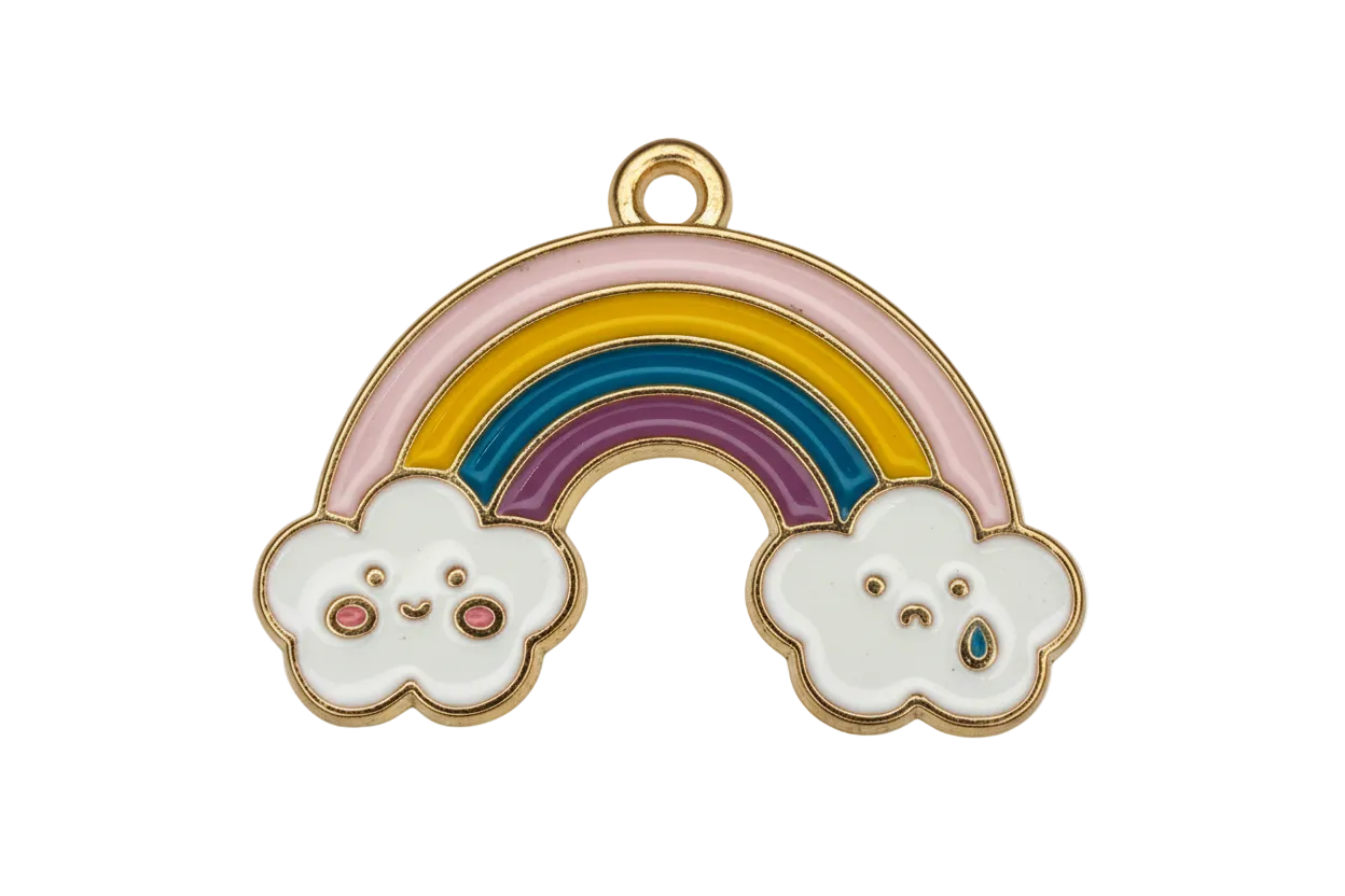 Gold-outlined pastel rainbow arch with two white clouds featuring cute faces and small pink and blue accents