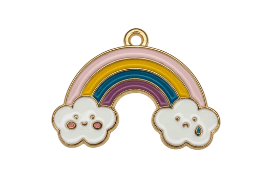 Gold-outlined pastel rainbow arch with two white clouds featuring cute faces and small pink and blue accents
